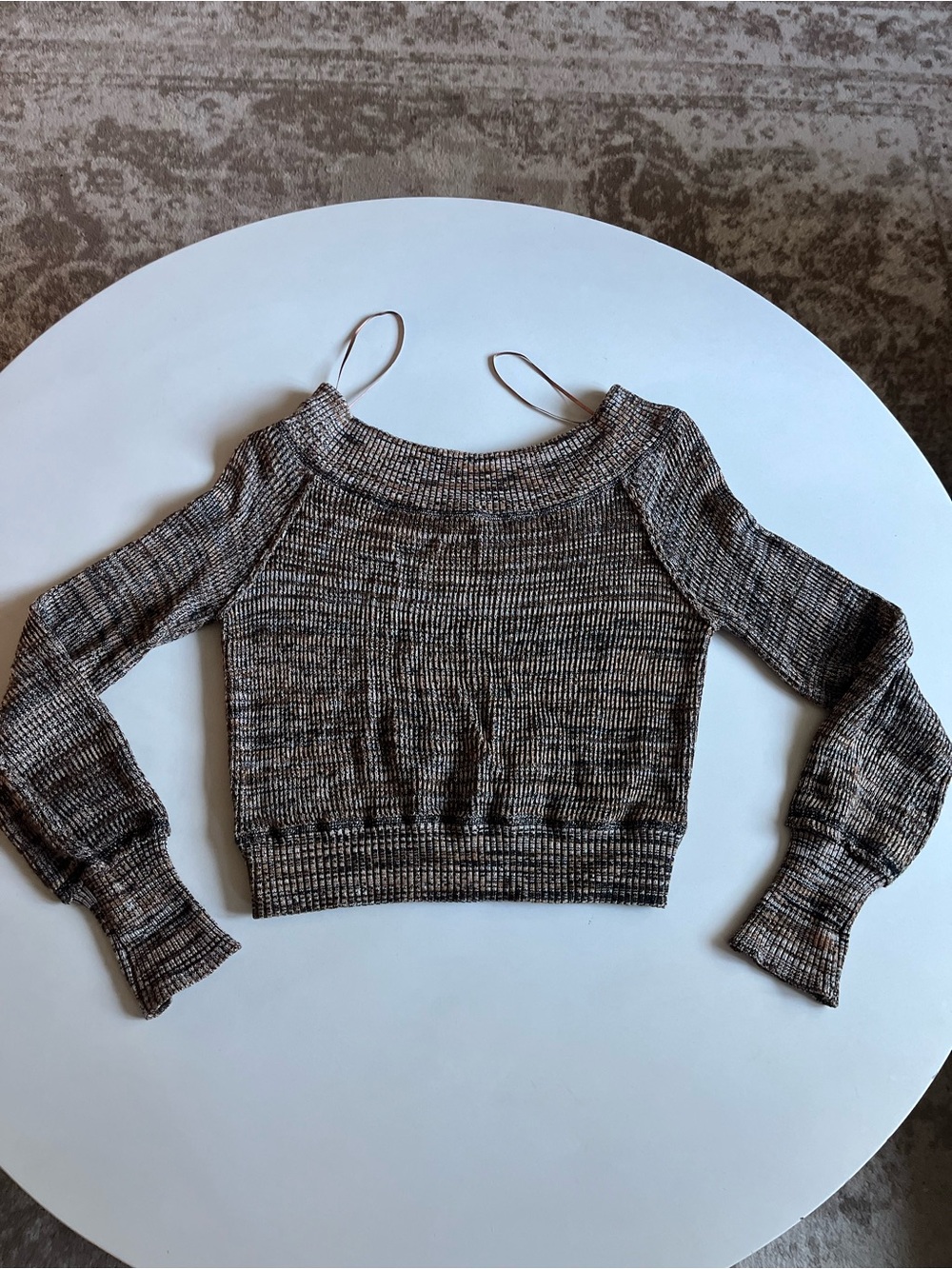 FREE PEOPLE Brown Marled Off-Shoulder Ribbed Women's Sweater, Size Medium - Picture 2 of 5